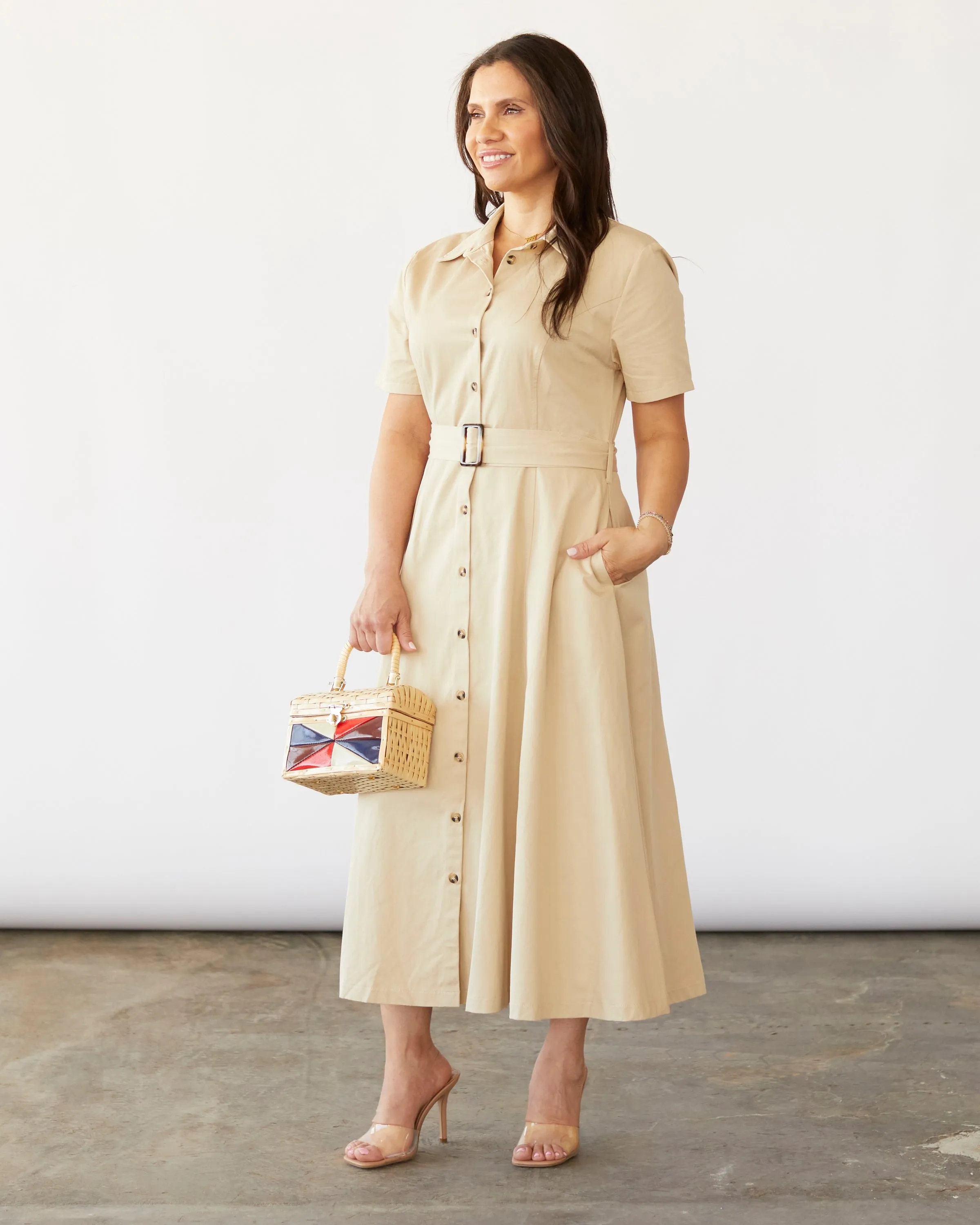 A Solid Woven Khaki Midi Dress
