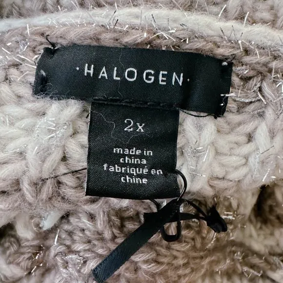 Halogen Striped Grandpa Sweater Crew Neck Chunky Knit Brown Neutral Tan 2X NWT