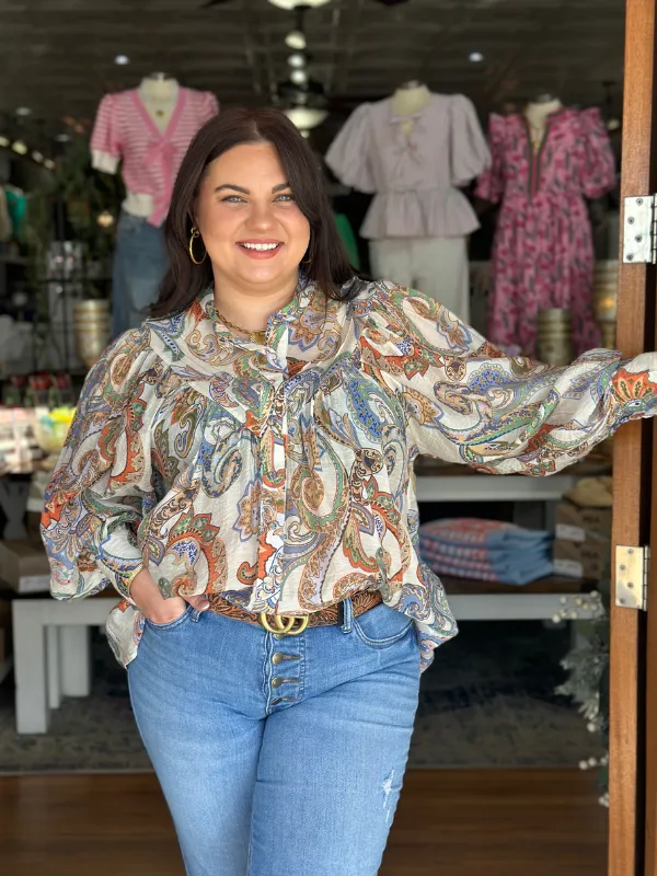 Ivory & Blue Paisley Bubble Sleeve Top